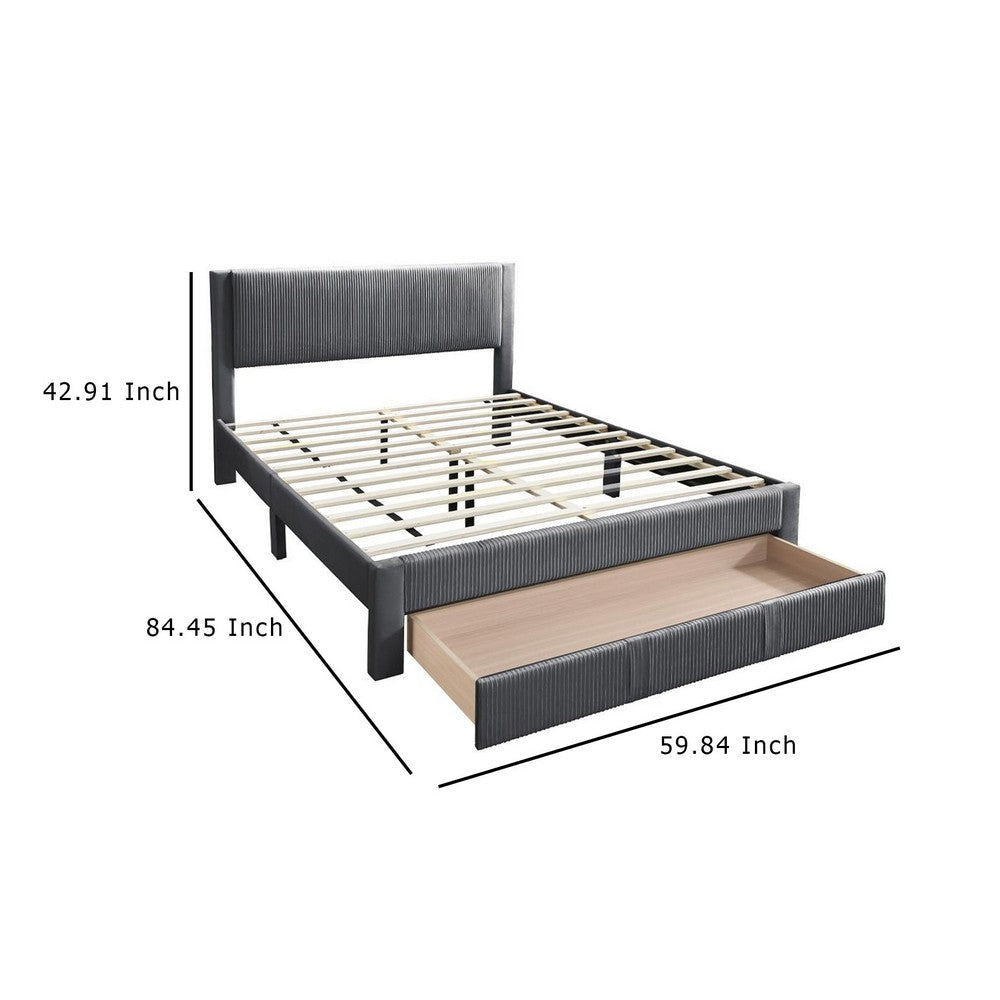 Peo Queen Size Bed w Storage Drawer Charcoal Gray Corduroy Upholstery