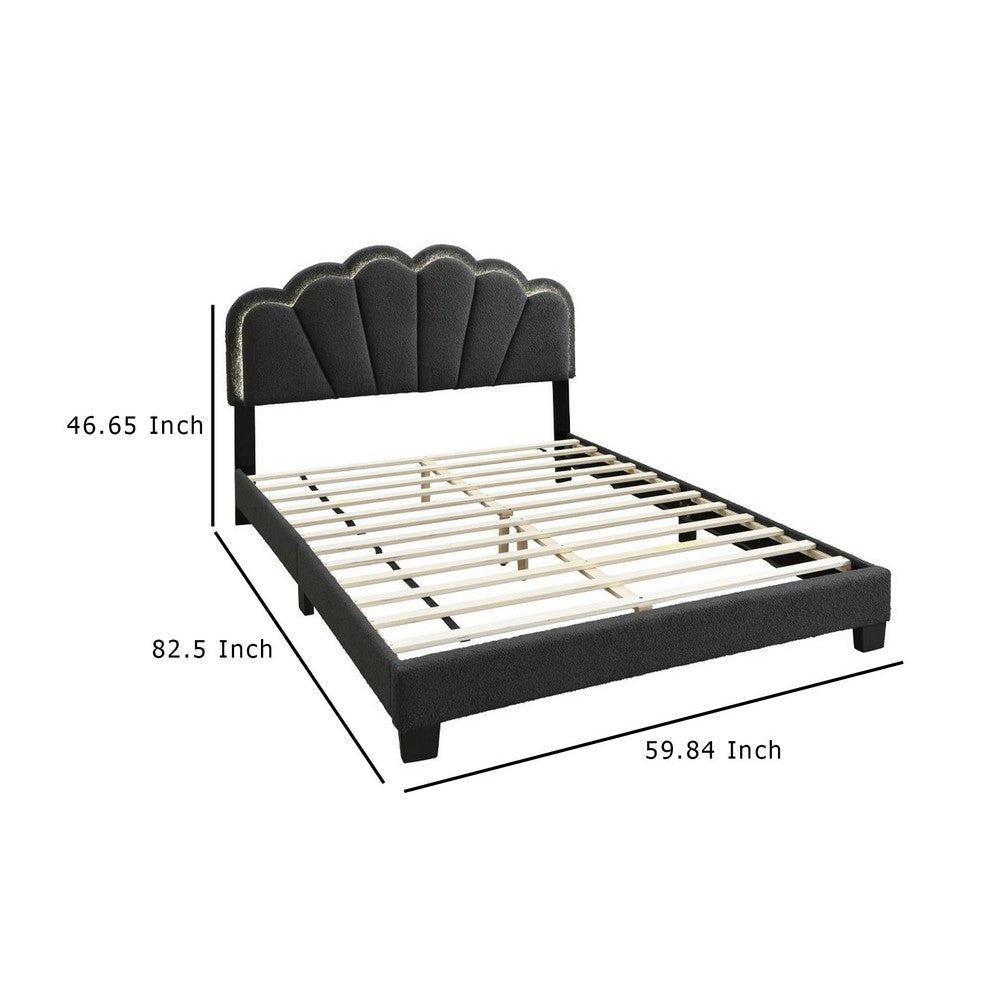 Geny Queen Size Bed Charcoal Gray Wool Upholstery and LED Glam Arch