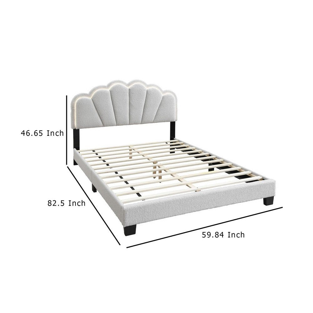 Geny Queen Size Bed Classic White Wool Upholstery and LED Glam Arch