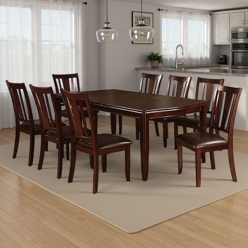 Demy 9pc Dining Table and 8 Chairs Set, Espresso Brown Faux Leather