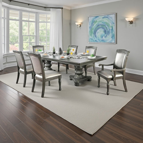 Ena 7pc Dining Table Set, Gray Faux Leather, Extendable 79-103 Inch