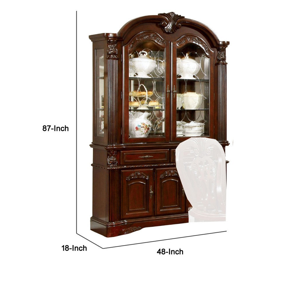 Mina China Buffet Cabinet with Hutch Glass Doors Cherry Brown Wood BM332477