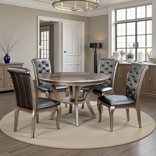 Nery 5pc Dining Table and Chair Set, 48 Inch Round, Gray Faux Leather