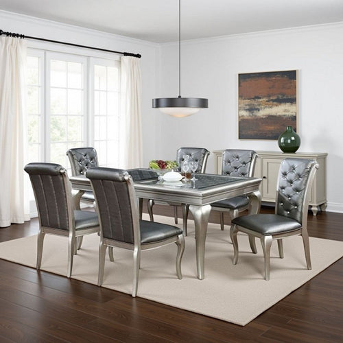 Nery 7pc Dining Table n Chair Set, 66 Inch Glass, Gray Faux Leather
