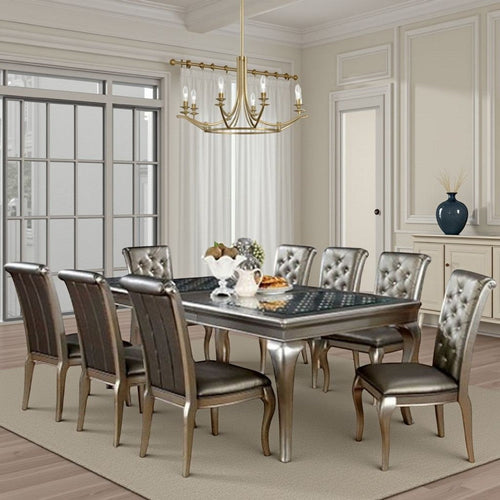 Nery 9pc Dining Table Chair Set, 66-84 Inch Extendable Gray Glass Top