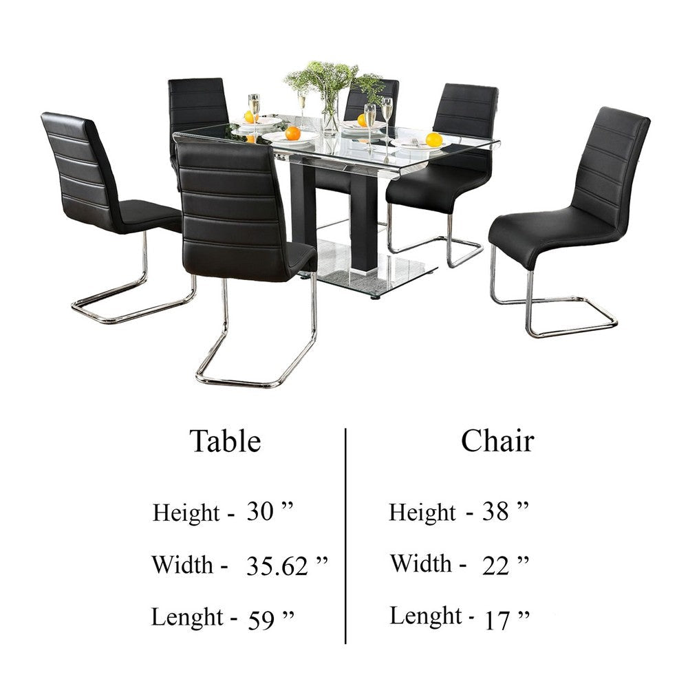 Fely 7pc Dining Table and Chair Set Glass Top Black Faux Leather BM332504