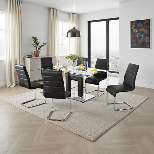 Fely 7pc Dining Table and Chair Set, Glass Top, Black Faux Leather