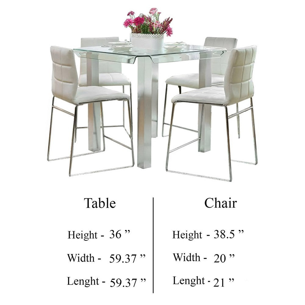 Fely 5pc Counter Height Table Chair Set White Faux Leather Glass Top BM332505