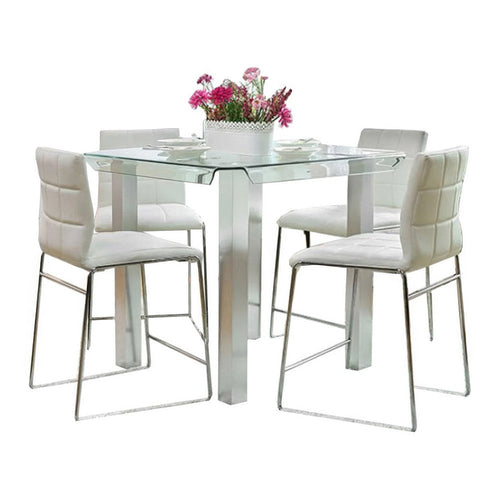 Fely 5pc Counter Height Table Chair Set, White Faux Leather, Glass Top