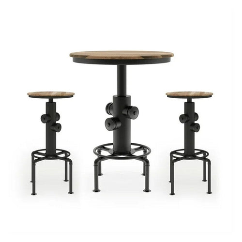 Ges 3pc Bar Table and Swivel Stool Set, 32 Inch Round Top, Black Metal