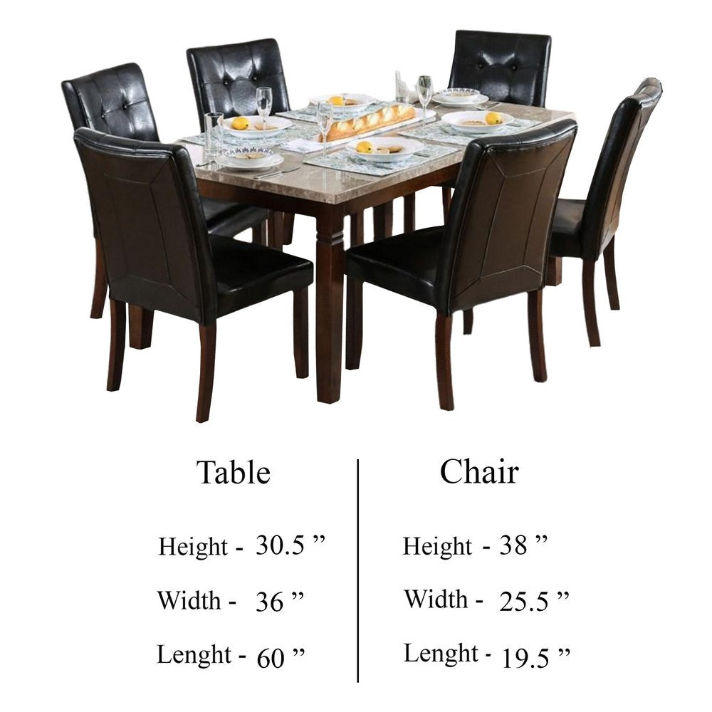 Ery 7pc Dining Table and Chair Set Genuine Marble Brown Faux Leather BM332509