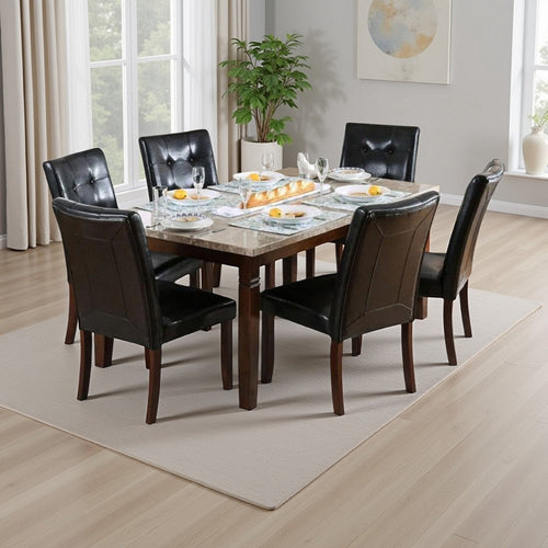 Ery 7pc Dining Table and Chair Set, Genuine Marble, Brown Faux Leather