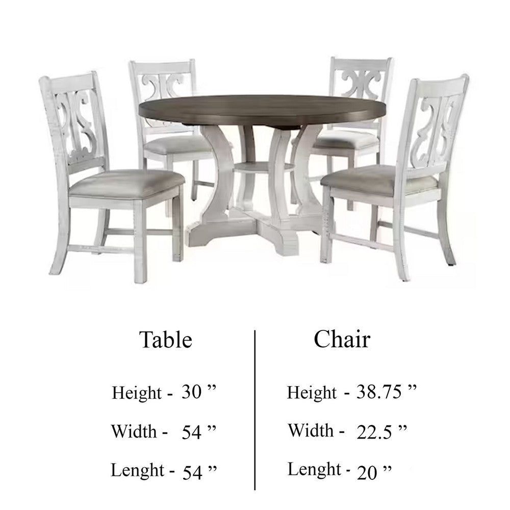 Eya 5pc Dining Table and Chair Set Distressed White Wood Gray Fabric