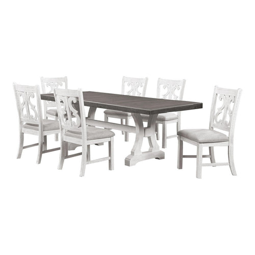 Eya 7pc Dining Table and Chair Set, Distressed White Wood, Gray Fabric
