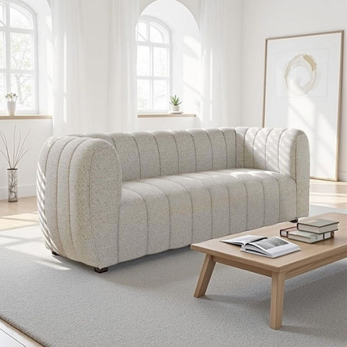 Hery Loveseat, 65 Inch, White Boucle, Vertical Channel Tufted Details