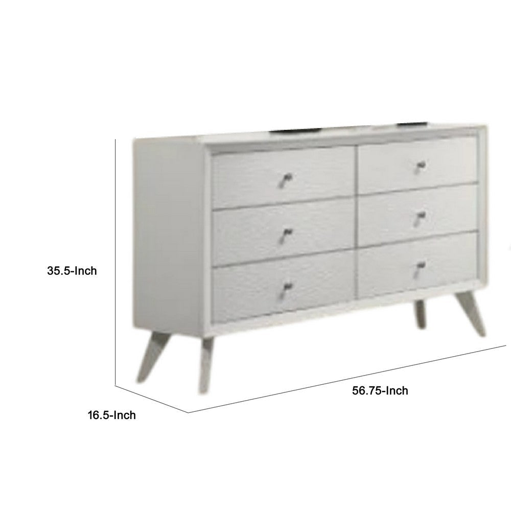 Tory Wide Dresser 6 Drawers w Bronze Knobs Textured White Wood BM332576