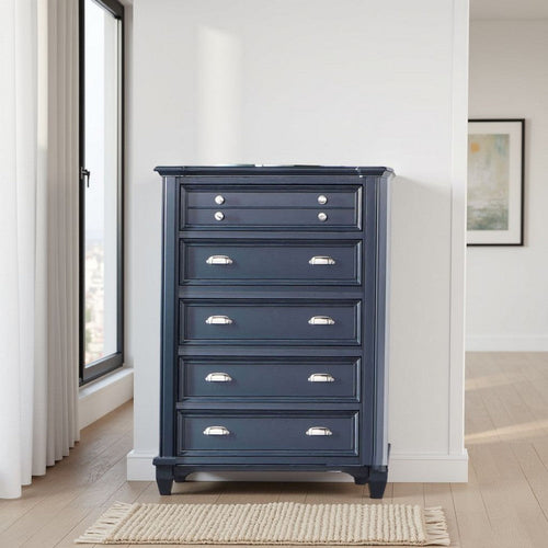 Zeny Tall Dresser Chest, 5 Drawers, Nickel Handles, Slate Blue Wood