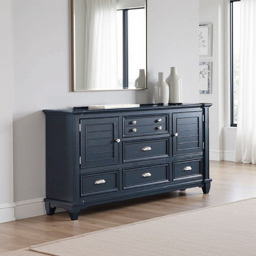 Zeny Wide Dresser, 5 Drawers, 2 Door Cabinets, Slate Blue Solid Wood