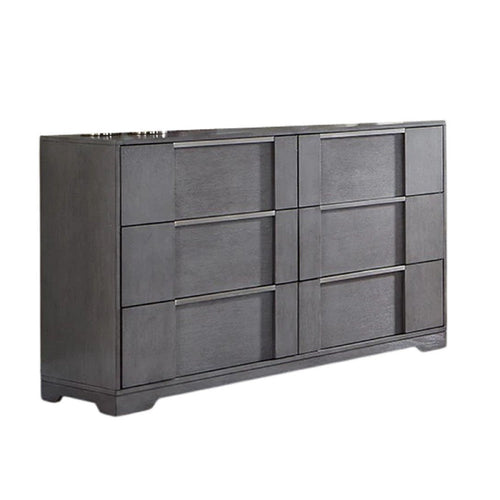 Levice Wide Dresser, 6 Drawers, Nickel Finger Handles, Gray Wood