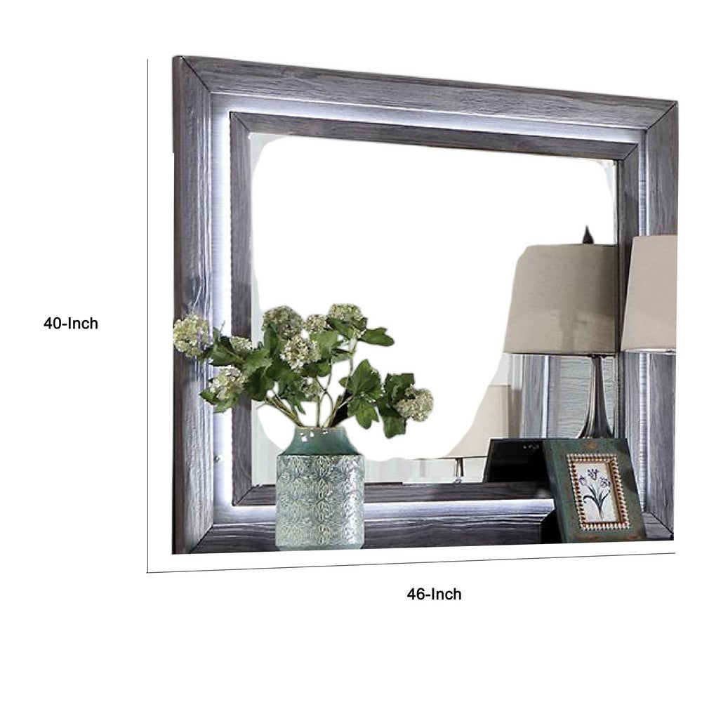 Reno Dresser Mirror White LED Lights 46 Inch Gray Solid Wood Frame BM332599