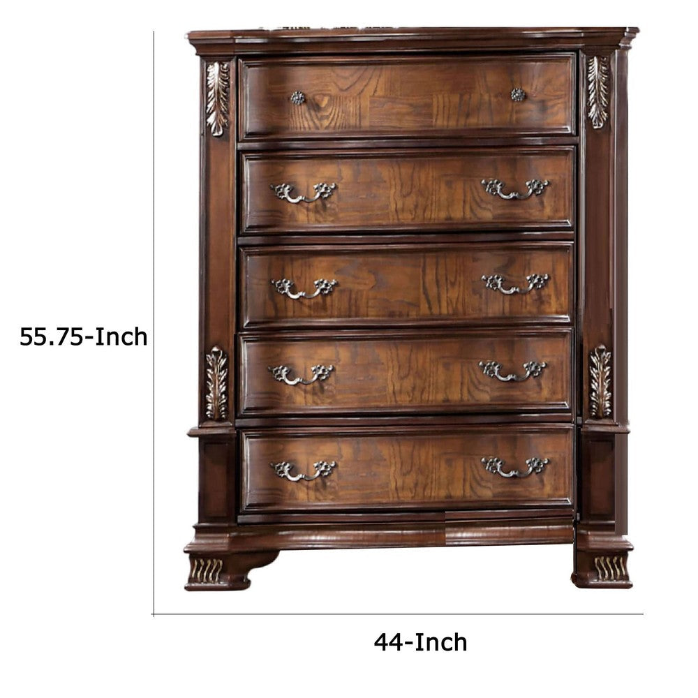 Prio Tall Dresser Chest 5 Drawers Classic Wood Carved Cherry Brown BM332600