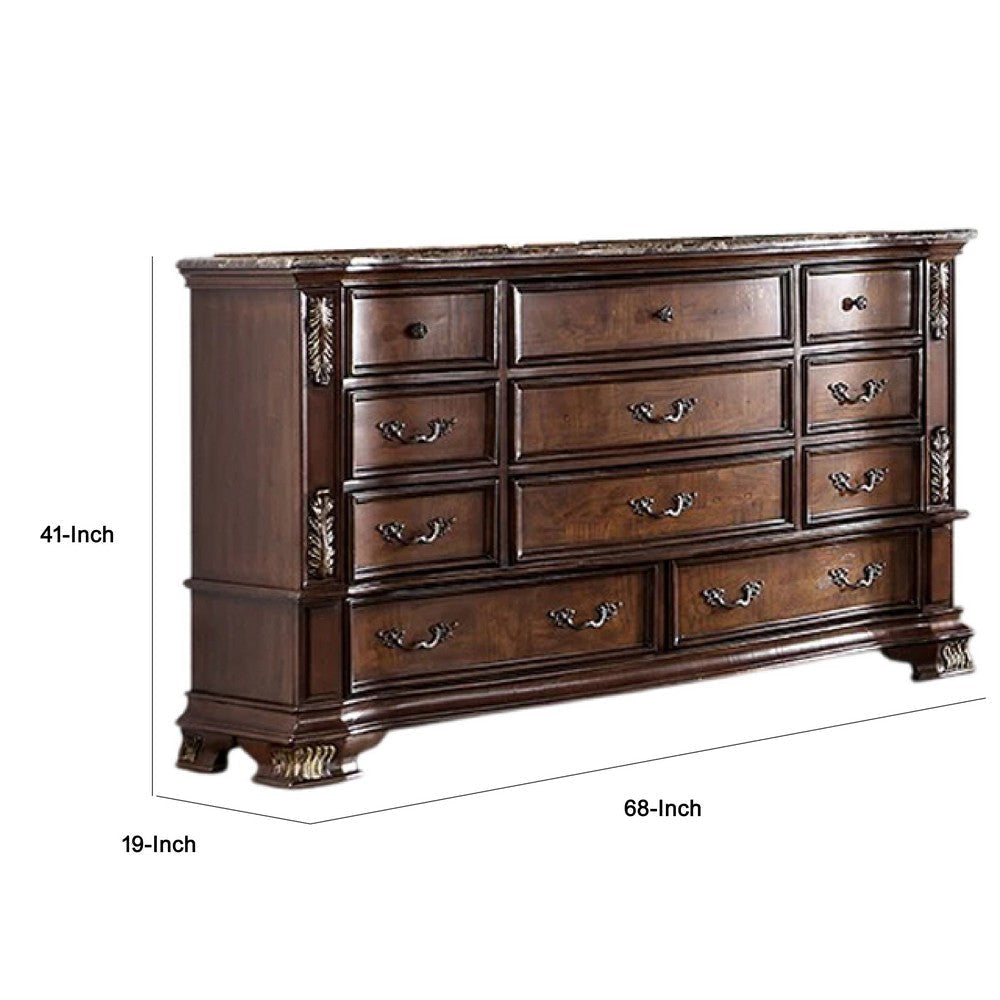 Prio Wide Dresser 11 Drawers Marble Top Carved Cherry Brown Wood BM332601