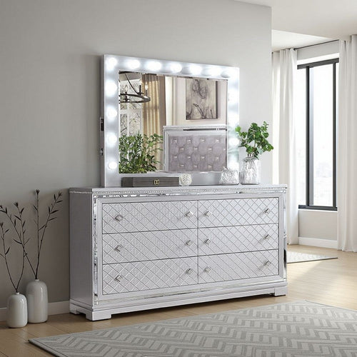 Fery Dresser Mirror w Light Bulbs, USB and Power, Glam Silver 44 Inch