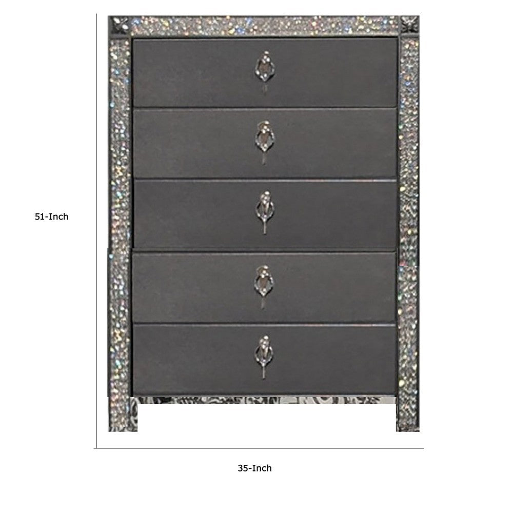 Laine Tall Dresser Chest 5 Drawers Crystal Trim Gray Solid Wood BM332625