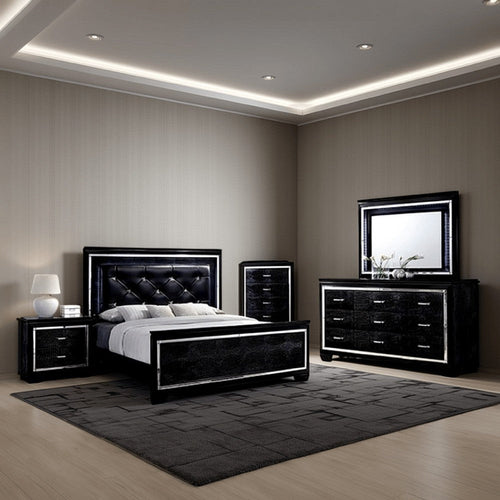 Kae 4 Pc California King Bedroom Set, LED and Mirror Trim, Textured, Black