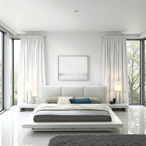 Rishi 4 Pc Queen Size Bedroom Set, Low Profile, Leatherette Padding, White