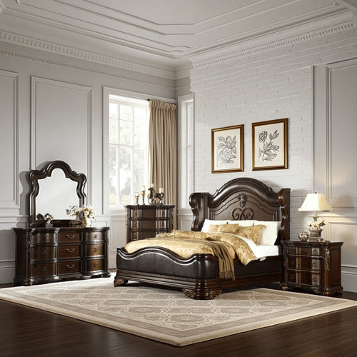 Rise 4 Piece Queen Bedroom Set, Arched Wing Design, Leatherette Padding, Brown