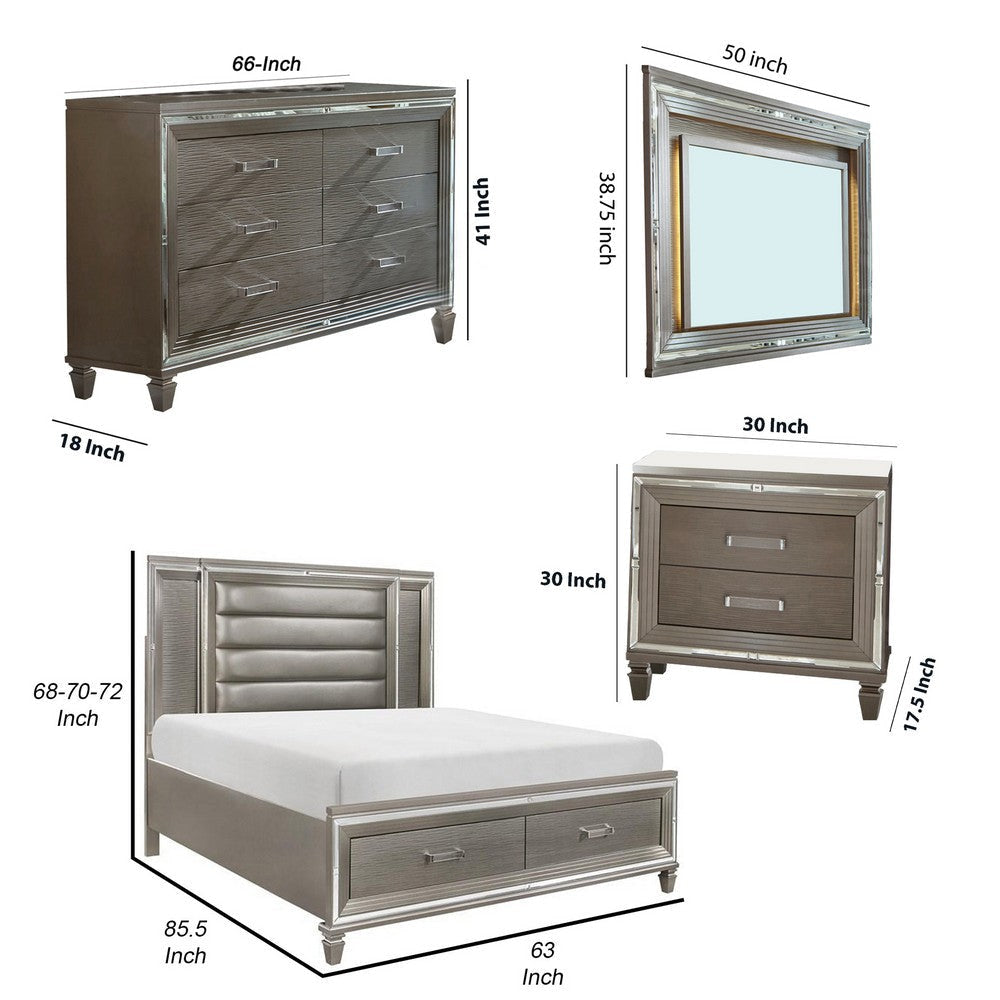 Deci 4 Pc Queen Bedroom LED Headboard Mirrored Trim Champagne Silver BM332684