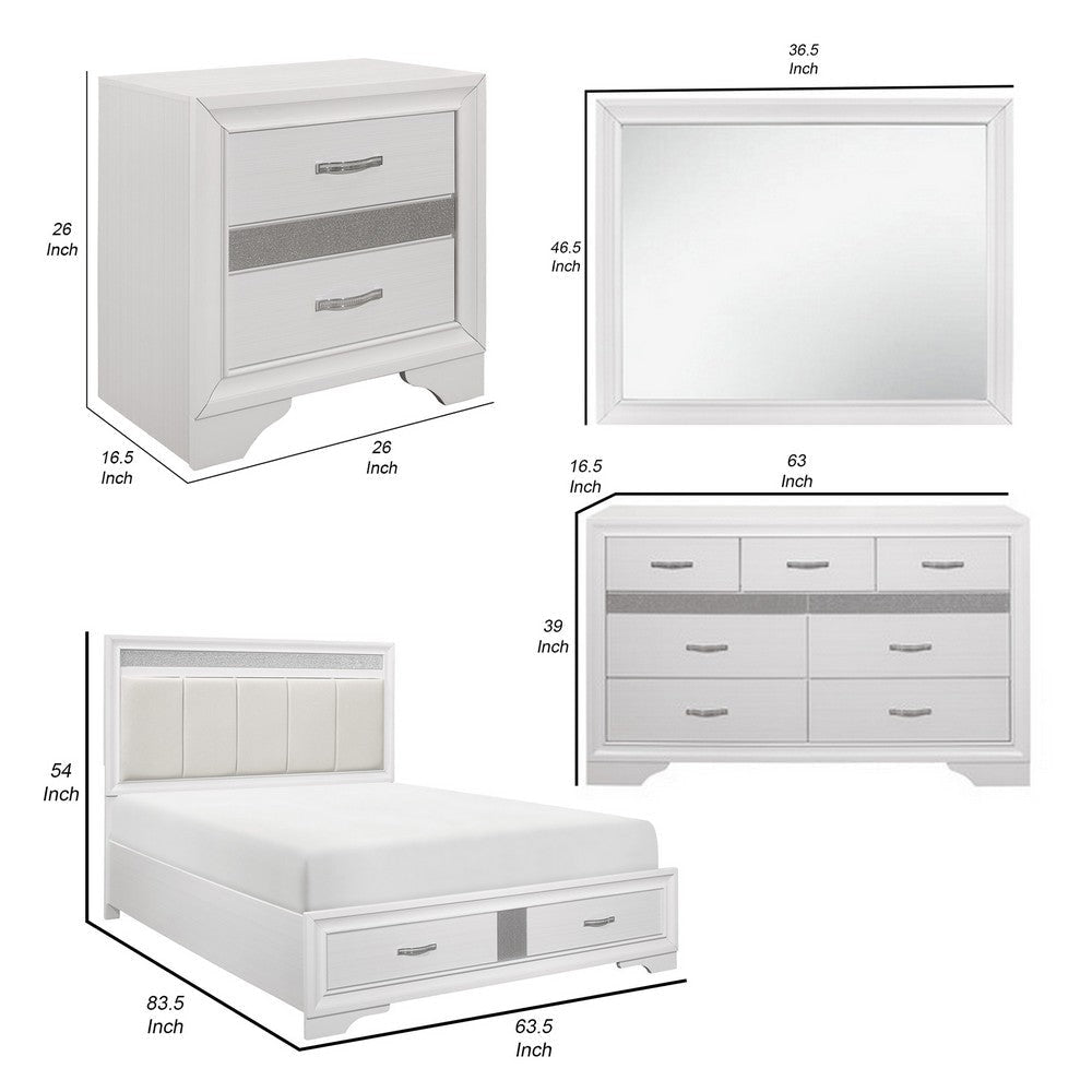Lucy 4 Pc Queen Bedroom Set Faux Leather Channel Tufted Silver Accents White