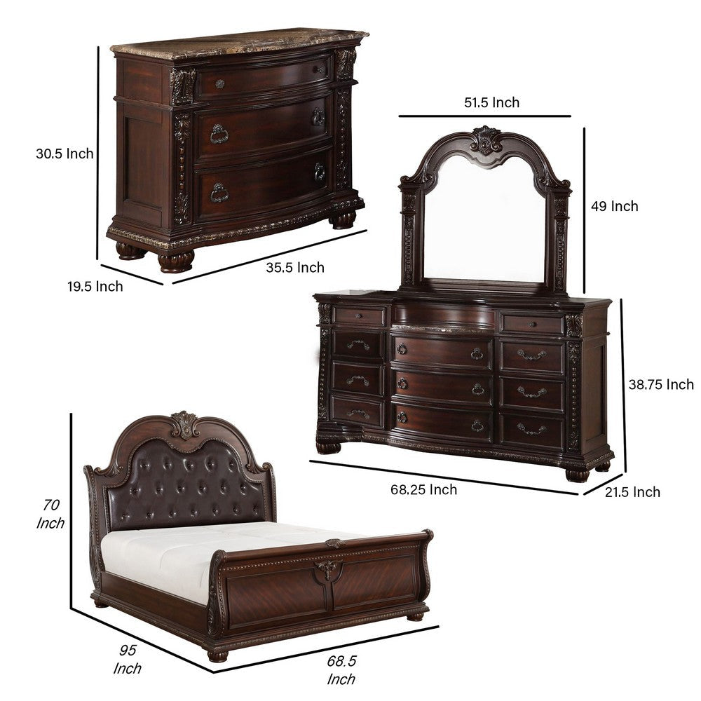 Caitlin Four Pc Queen Bedroom Set Tufted Faux Leather Headboard Marble Tops Brown