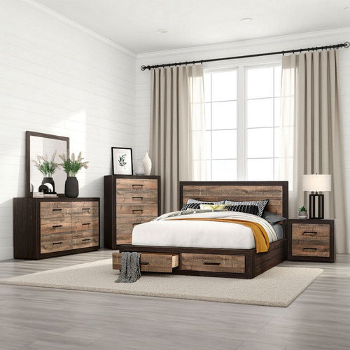 Mayo Four Pc Queen Bedroom Set, 2 Drawer Footboard, 2 Tone Rustic Brown, Plinth Base