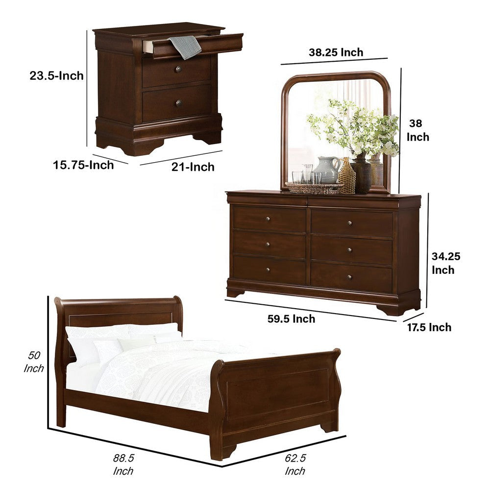Yoshi Four Pc Queen Bedroom Set Sleigh Style Hidden Jewelry Drawers Cherry Brown BM332695