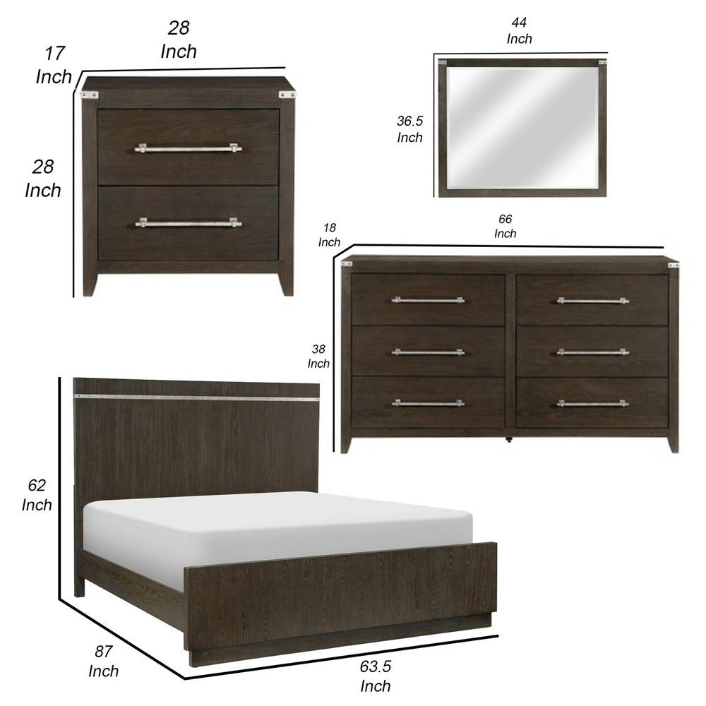 Bellamy 4 Pc Queen Size Bedroom Set Silver Accents Ash Veneer Dark Brown BM332734