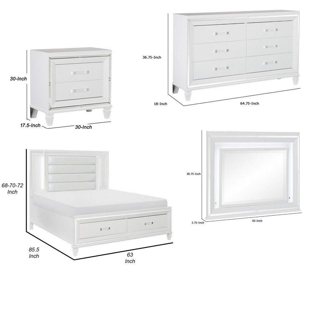 Rosa 4 Pc Queen Storage Bedroom Set LED Mirrored Accents White Metallic BM332737