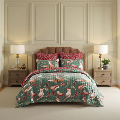 Lowa 2 Piece Twin Size Quilt Set, Festive Theme Red Green Polyester