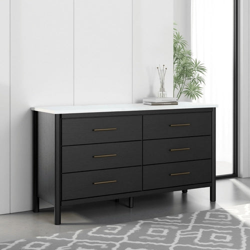 Ashley Mooran Wide Dresser | 6 Drawers | Marble Finish Top | Black Laminate