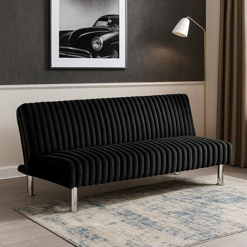 Hini Fold Out Futon Sofa Bed | Rich Black | Modern Chrome Metal Legs