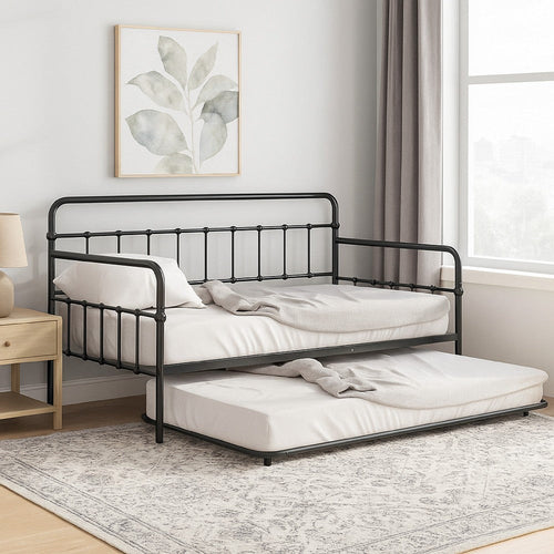 Tes Daybed with Pull Out Trundle | Classic Black Metal Open Frame