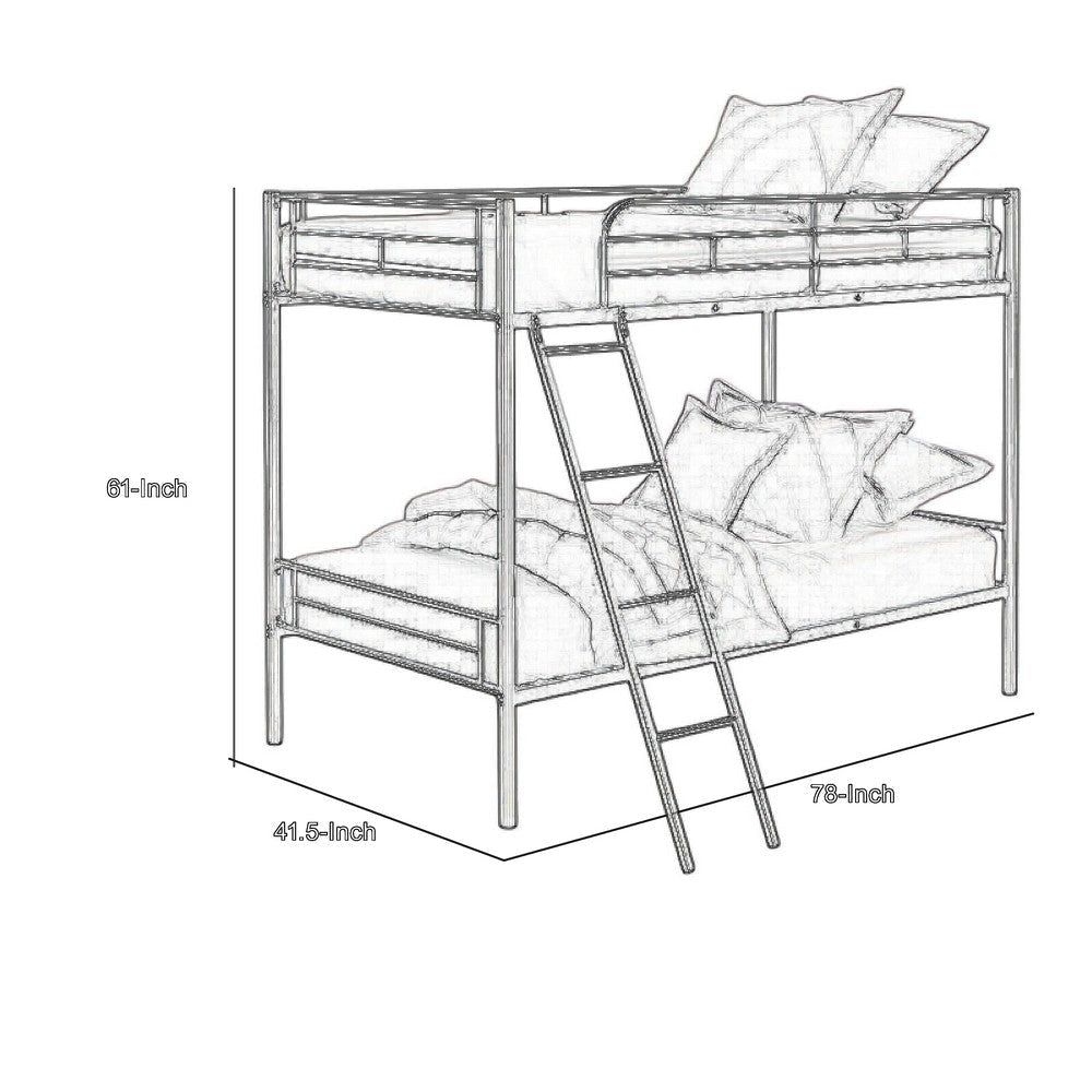 Cet Twin Over Twin Bunk Bed | Silver Metal Frame | Attached Ladder