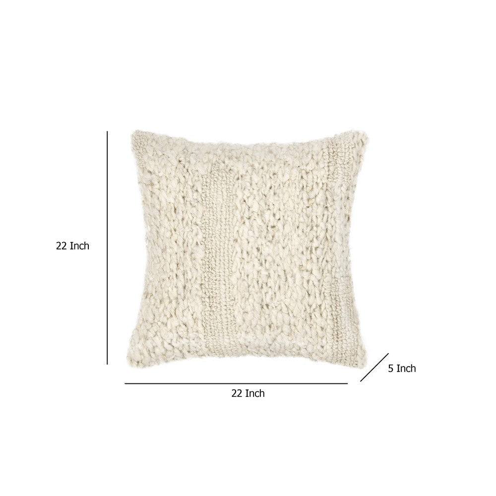 Square Accent Throw Pillow | 22’’ Handwoven Ivory Tonal Wool Stripes BM333053