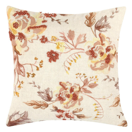 Square Accent Throw Pillow, 20", Hand Applied Floral Accents, Brown