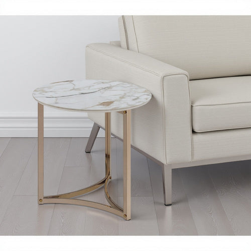 Acor Side End Table | 24" | Round Sintered Stone Top | White and Gold