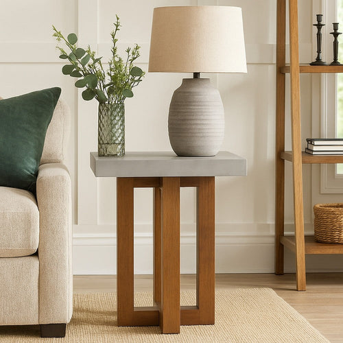 Joshua End Table | Gray Faux Concrete Top | Walnut Brown Wood | 16"