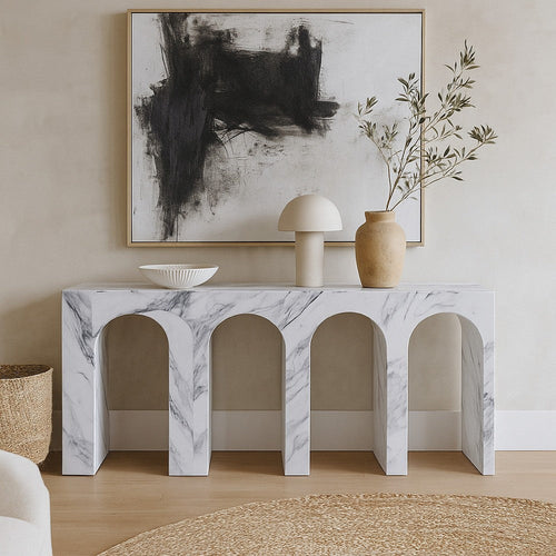 Ritzy Console Table | White Marble Faux Stone | Arched Design 59"