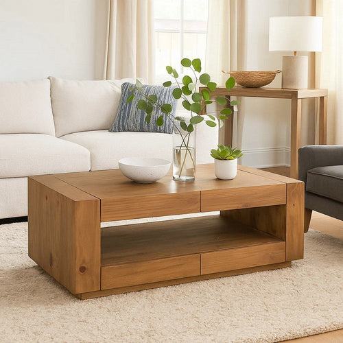 Ayma Coffee Table | 1 Inner Shelf | Brown Oak Wood | Rectangular 50"