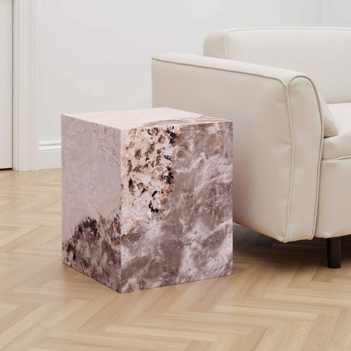 Itah Accent End Table | Square | White and Brown Faux Stone | 16"